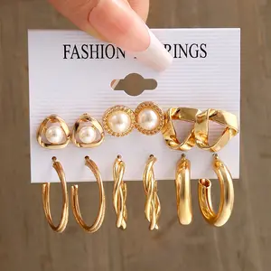 2023 New Arrivals 6 pairs/set personalized gold geometric metal earrings Retro pearl inlaid rhinestone gold hoop earrings set