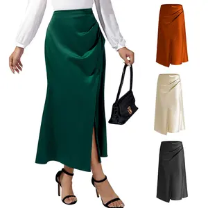 YingTang Womens High Waist Midi Skirt Fishtail Silky Satin Skirt Work Party Pencil Midi Skirt with Slit