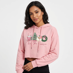 <b>Women's</b> Pink <b>Christmas</b> Crop Hoodie with Custom Logo & Design Printed Casual Holiday Streetwear Hooded <b>Sweatshirts</b> - Product Image 2