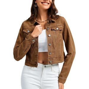 Veste en jean courte personnalisée pour femme, à manches longues, boutonnée, avec poches, coupe classique, en polyester délavé - Product Image 1