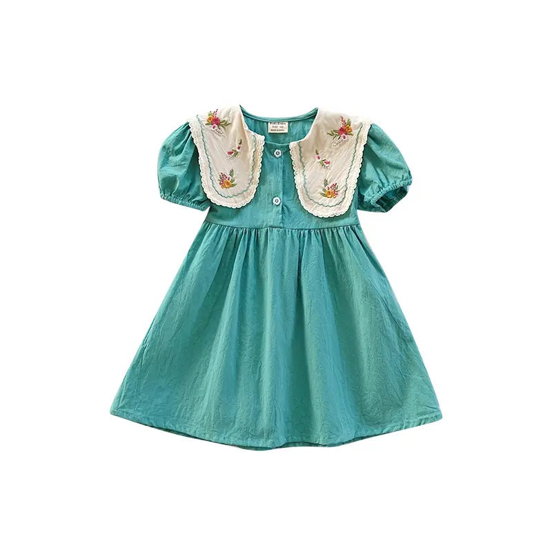 夏の子供女の子服花刺繍手作り子供女の子スモックドレス