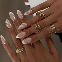Faux ongles de luxe pour mariée à presser, forme amande, manucure française classique blanche, motif floral 3D givré, ornement doré électroplaqué
