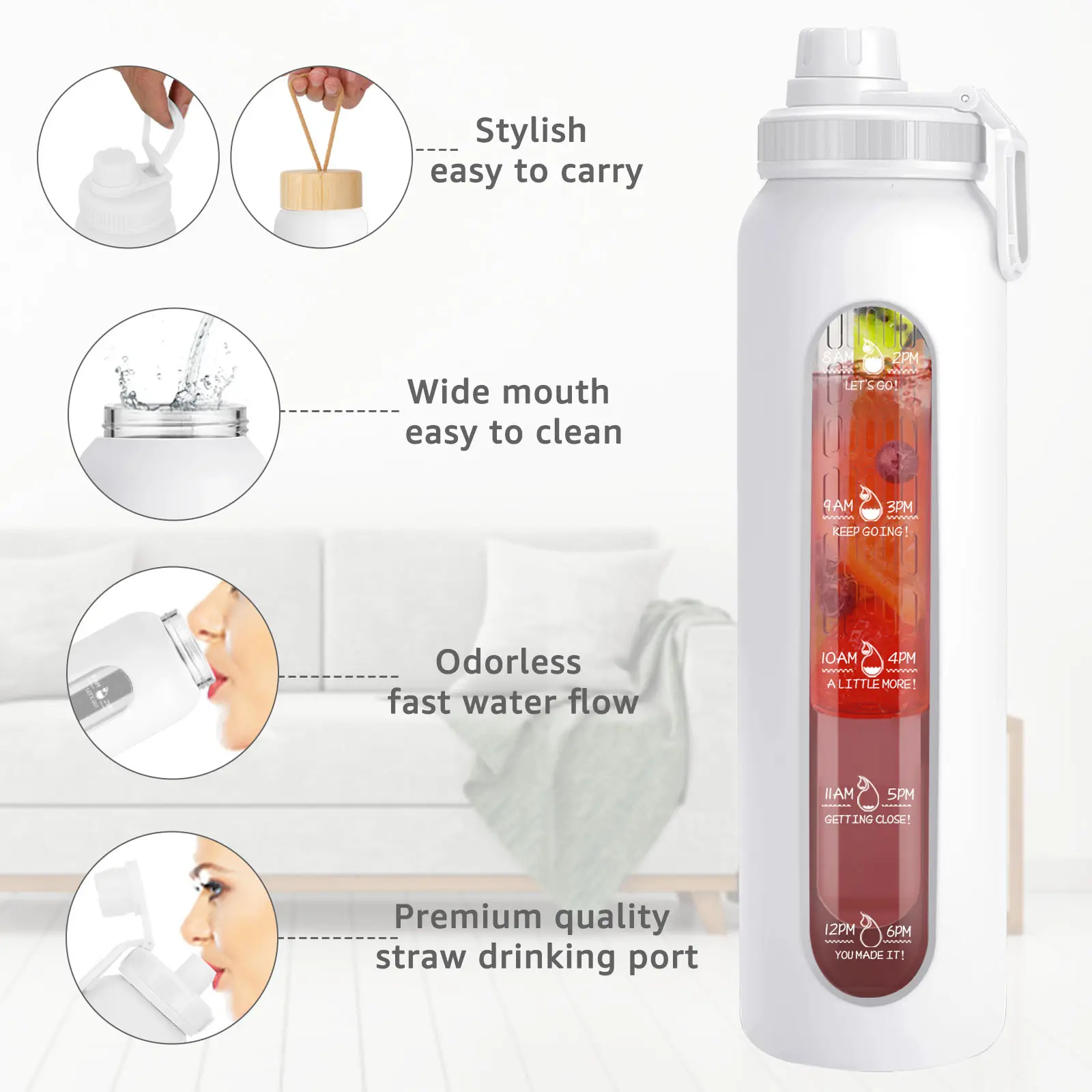 Botol air kaca Infuser mulut lebar 32oz profesional minum botol air kaca dapat digunakan kembali dengan Filter dan lengan silikon