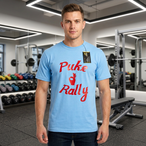 Puke Rally Printed Men's Light Blue Short Sleeve T-Shirt Regular Fit O-Neck Casual Jersey Cotton 180g Front <b>Logo</b> - Product Image 6