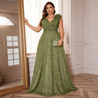 Robe de soirée grande taille en dentelle scintillante vert olive à fleurs 3D, col en V, longueur ras du sol, pour invitée de mariage, vente en gros