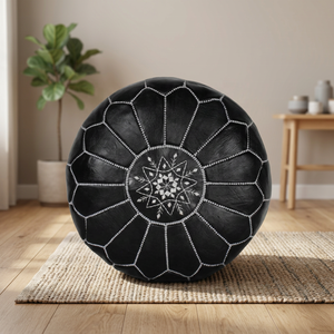 Black Genuine Leather <b>Pouf</b> Cover Embroidered Bohemian Style Handmade Home Decor Cushion Geometric Design Drawstring Closure - Product Image 2