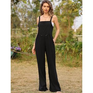 Mono negro sin mangas para mujer, de pierna ancha, informal, para verano, con bolsillos, transpirable, de cintura media y ajuste holgado. - Product Image 2