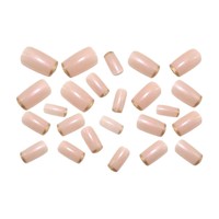 Uñas postizas de cobertura completa, color rosa nude, forma ataúd, finas, con lámina de oro metálica, estilo francés, lisas, hechas a mano.