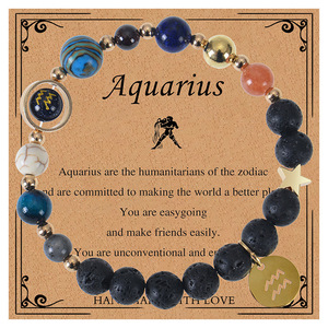 Vente d'usine Bracelet tendance en perles de pierre de lave, avec breloques en quartz et cuivre, motifs des 8 plantes et des 12 signes du zodiaque, pour la chance et la guérison, avec carte, cadeau bijou - Product Image 6