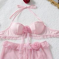 Sexy doorschijnende mesh bikiniset 3-delig met bloemenrozet, geruite bh, slip en sarong met strik aan de zijkant, strandkleding, lingerie, badpak