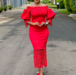 Otoño llegadas africano de talla grande elegante encaje empalme una línea cuello vestido fiesta graduación Maxi vestidos ropa - Product Image 3