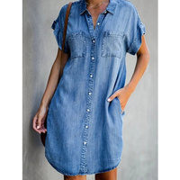 Gaun Kemeja Denim Wanita Model Terbaru S-5XL Kerah Kancing Lengan Pendek Warna Solid Gaya Eropa Kasual Panjang Midi