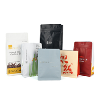 Sachet de café personnalisé en gros, bleu mat, à fond plat, avec huit soudures latérales, pour grains de café torréfiés