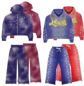 Custom Applique Embroidery Acid Wash Distressed Patch Heavyweight Cotton Sweatpants and Zip up Hoodie Set