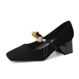 Zapatos Planos Mary Jane con Punta Cuadrada, Ante Sintético, Tira en T, Decoración con Cuentas, Tacón de 5 cm, Transpirables, para Mujer - Product Image 4