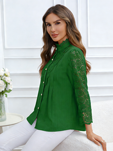 Blusa Casual de Manga Larga con Cuello Redondo y Encaje Verde para Mujer - Camisa Elegante de Chifón Lavable - Product Image 5