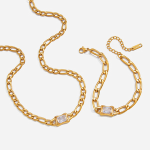 J&<b>D</b> Elegant Figaro Chain Jewelry Set 18K Gold Plated <b>Necklace</b> Bracelet with Square CZ Accents Coordinated Matching Set - Product Image 1