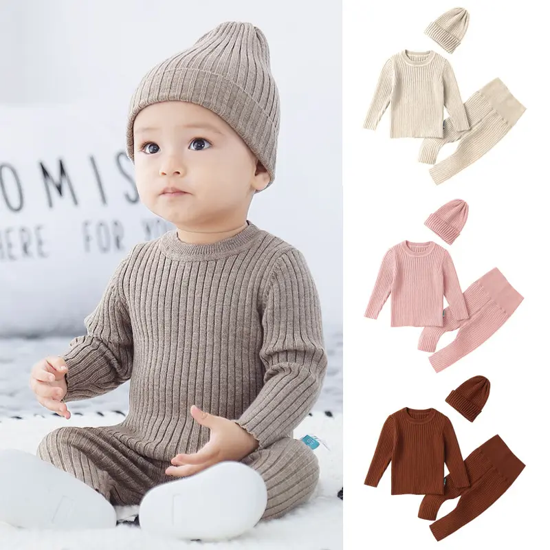 Комплект одежды для маленьких детей на осень-зиму, комплект из 3 предметов, шапка + свитер + брюки, трикотажный материал в Корейском стиле, одежда для малышей