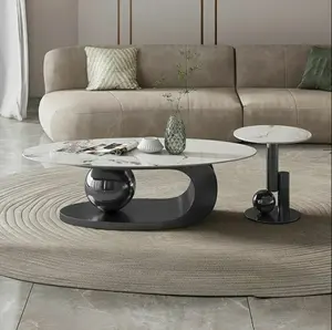 Couchtisch emas Modern, Set meja kopi Oval batu Sintered, meja kopi marmer untuk ruang tamu