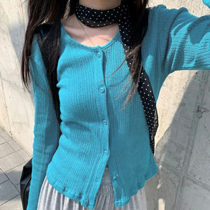 Cárdigan de Punto Ajustado Estilo Dulce para Mujer, Color Sólido, Manga Larga, Botones en la Parte Delantera, Cuello Redondo Elástico - Product Image 5