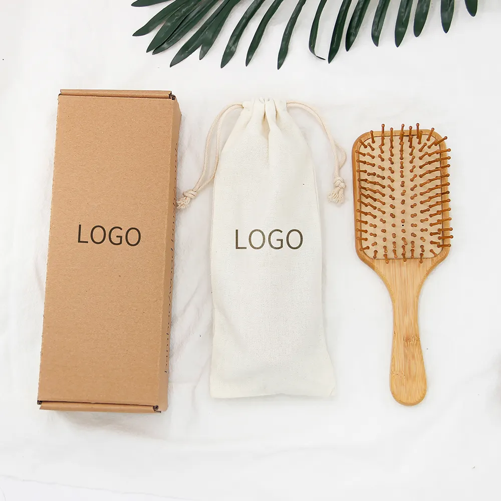 Fabriek-Directe Verkoop Custom Logo Bamboe Hout Peddel Detangler Hoofdhuid Massage Haarborstel Met Luchtkussen Borstel Voor Vrouwen