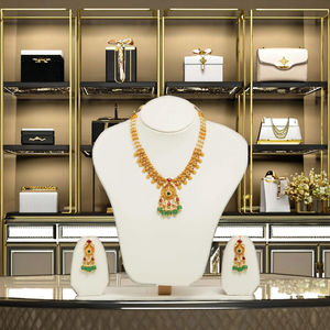 Traditional gold plated temple necklace <b>set</b> with pearl chain antique finish red green stone pendant green <b>bead</b> drops - Product Image 3