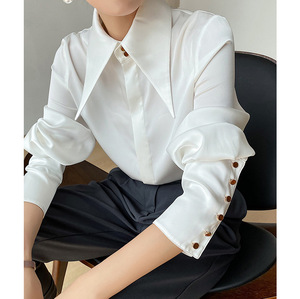 Women's <b>Satin</b> Shirt Wide Collar Long Sleeve Gem Button Detail Formal Office <b>Blouse</b> Fashion - Product Image 5