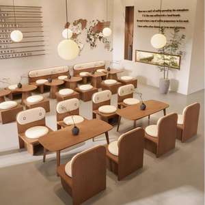 Conjunto de Muebles de Comedor Estilo Rústico con Sofá Montado en la Pared, Mesa y Sillas para Restaurante, Cafetería o Tienda de Té con Leche - Product Image 1