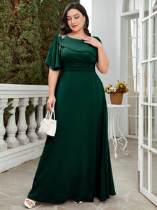 בתוספת נשים ירוק עגול המחשוף צוואר קצר הבקעה שולי שיפון שמלת שושבינה עם עיצוב כתף אסימטריים - Product Image 4