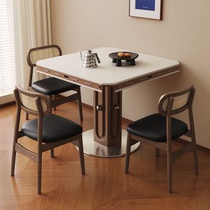 Retro Style Slab Dining <b>Table</b> And Chairs Round Foldable Solid Wood Telescopic For Home Small Apartment Use - Product Image 3