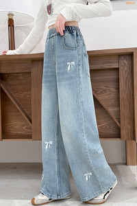 Pantaloni in Denim comodi Casual alla moda da ragazza 2025 con <span class=keywords><strong>Jeans</strong></span> ricamati a gamba larga per la primavera/autunno - Product Image 4