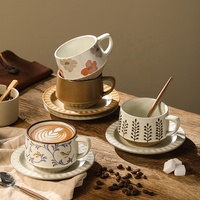 Tasse à café en céramique de style japonais BAMBUS avec motif de feuilles, avec soucoupe, pour micro-ondes, lave-vaisselle, usage domestique, café et mariage