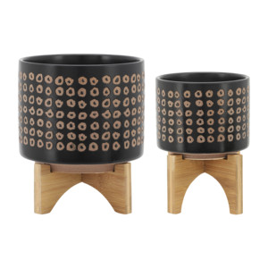 Vasi Rotondi in Ceramica con Supporti in Bambù per Arredamento Casa, Set di Due Fioriere Moderne - Product Image 1