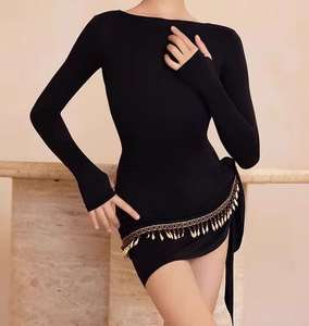 Cálido leotardo de baile latino de manga larga con cadena de Metal fuera del hombro transpirable <span class=keywords><strong>Salsa</strong></span> Samba Tango Rumba traje de baile competir para dama - Product Image 5