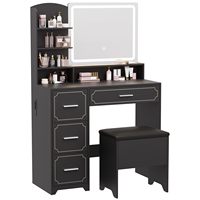 Table de toilette moderne OEM avec miroir LED éclairé, prise de courant écologique, 5 étagères ouvertes, 4 tiroirs, tabouret rembourré inclus, chambre à coucher