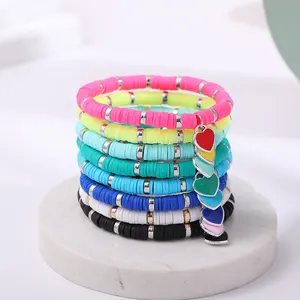 Gelang Liontin Cinta Tanah Liat Lembut 6Mm, Gelang Tali Elastis Warna-warni, Gelang Manik-manik Wanita