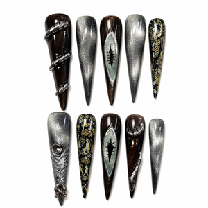 Faux ongles en acrylique faits à la main, forme stiletto ou amande, couvrance totale, motifs 3D gothiques punk avec paillettes et sequins - Product Image 1
