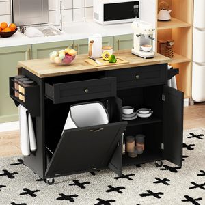 Armoire à déchets de <span class=keywords><strong>cuisine</strong></span> inclinable, capacité de 10 gallons, îlots de rangement, chariots mobiles avec plateau en bois de caoutchouc pour salle à manger - Product Image 1