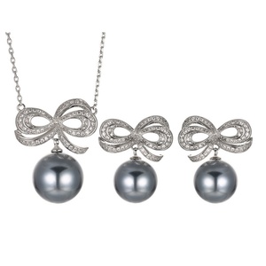 Delicate Eco-friendly Grey <b>Pearl</b> Jewelry <b>Set</b> 16mm/14mm <b>Pearl</b> Bow Knot Design Gold Plated Necklace Earrings <b>Set</b> for Women - Product Image 1