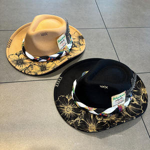 Chapeau de cow-boy occidental pour femme au design original, accessoires en plumes, chapeaux Fedora, chapeau de cow-boy en feutre de laine avec motif floral imprimé, fête - Product Image 3