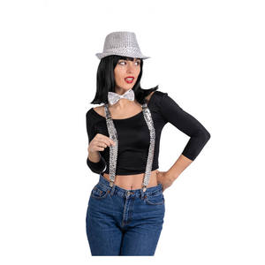 Set da ballo in stile disco argento con cappello, bretelle e papillon - Product Image 1