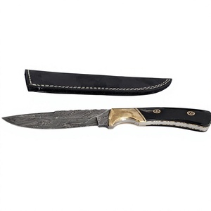 Cuchillo de Caza de Acero de Damasco con Hoja Fija, Mango de Cuero, Borde Dentado, Diseño de Punta Caída, 23 cm de Longitud - Product Image 3