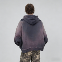 Sweat à capuche zippé violet dégradé pour homme, effet vieilli, déchiré, éclaboussures de peinture, bords bruts, coupe oversize, streetwear, vente en gros, étiquette personnalisée