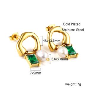 Fine Jewelry Shaped Half Circle Green Diamond Rectangle Pearl Delicate Zircon <b>Stud</b> Earrings - Product Image 2