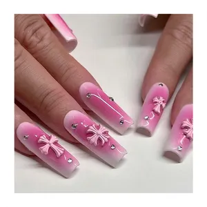 Fashion Long Square Fake Nail Gradient Pink Nail Tips Stick Cross Flowers Handmade Jewel Supply Vendors Press On Nails Wholesale