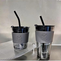 Vaso de Vidrio Ahumado de 350ml/450ml con Dos Diseños |   Vaso de cristal con letras 3D rosas y diseño de ciervo en relieve, con funda de cuero, tapa y pajita