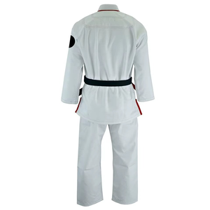 Kimono de karaté blanc 100 % coton durable unisexe pour adulte, tenue d'arts martiaux avec ceinture noire et bordure rouge, logo sur la manche gauche - Product Image 3