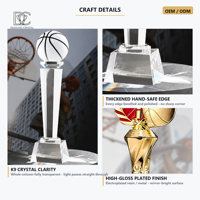 Trophée de basketball personnalisé, récompense créative en cristal et métal pour champion, gravure MVP, impression UV, logo OEM ODM, faible MOQ, vente en gros