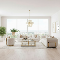 Sofá Blanco para Salón Tapizado en Terciopelo con Decoración de Acero Inoxidable Dorado para Sala de Estar de Villa o Casa de Huéspedes