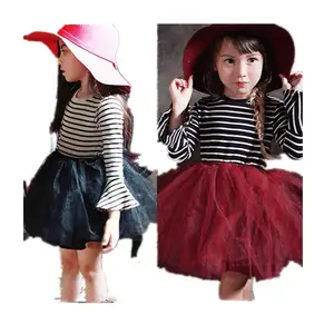 Alibaba Express Children Clothing Summer Striped Long Sleeve ,Mesh Fabric Party Dress For Kids Girls From China Supplier